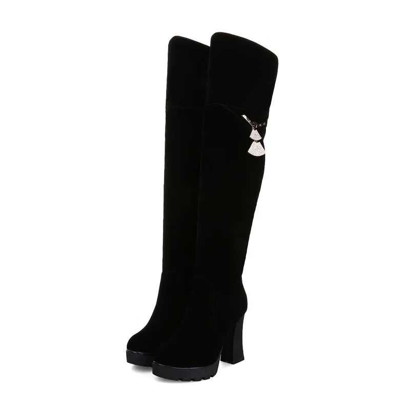 ENMAYLA/Новые модные и стильные Для женщин из искусственной замши; сапоги на платформе с высоким толстым каблуком Стразы Круглый носок Модные сапоги до колена; зимняя женская обувь - Цвет: Черный