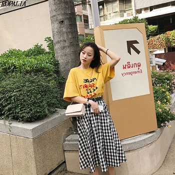 

Korean Style Women's Round Neck Letter Print Short Sleeve T Shirt + Plaid Print Skirt Two-Piece Set Women's Sets
