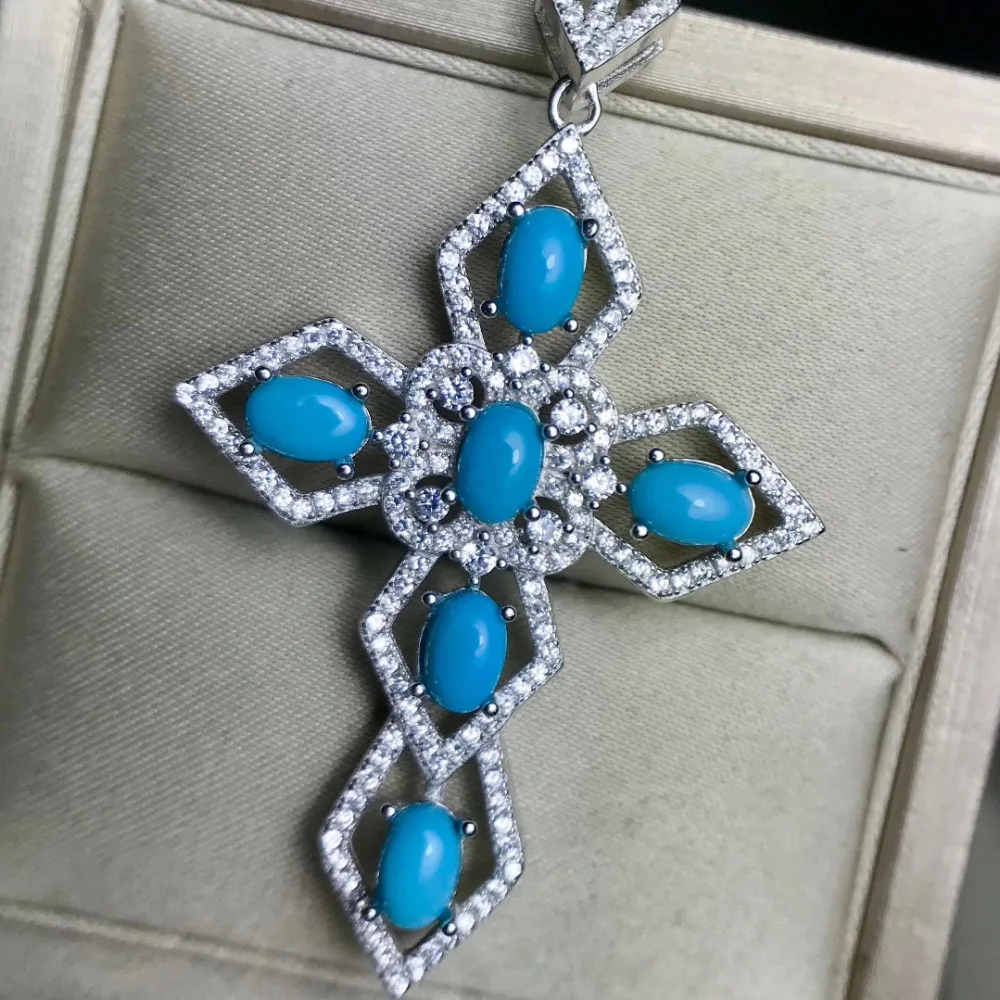  Naturel bleu turquoise croix pendentif colliers pierre naturelle pendentif S925 argent élégant femm