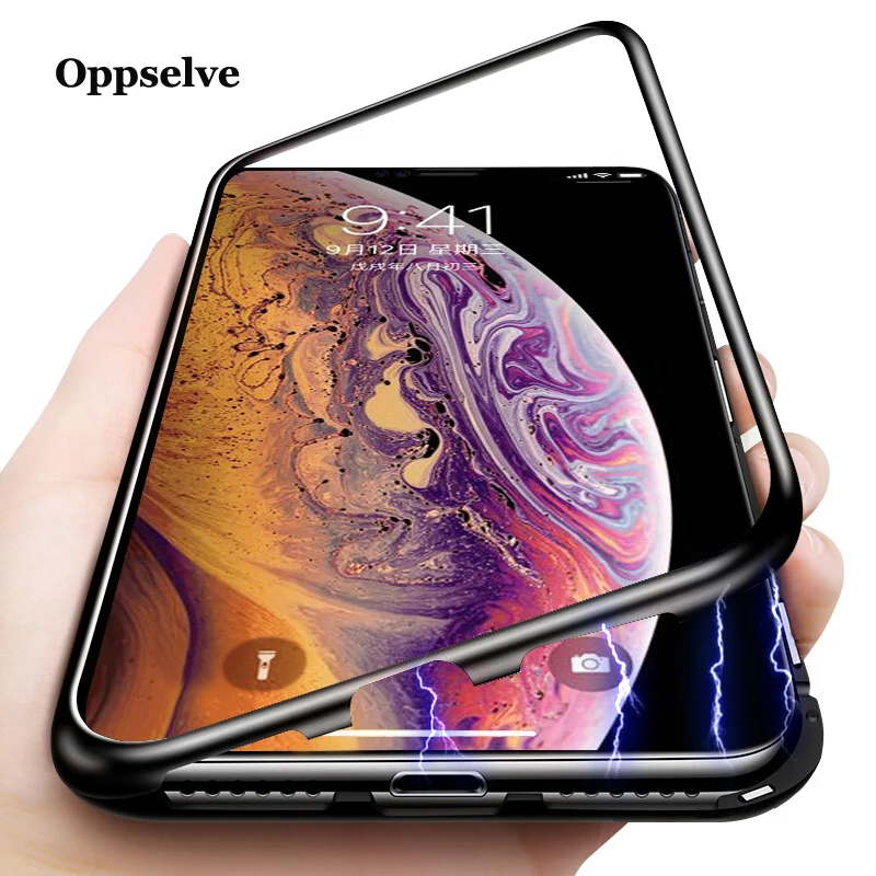 360 чехол с магнитной адсорбцией для iPhone X, 8, 7, 6, 6s Plus, роскошный металлический магнитный чехол с магнитной рамкой, Задняя стеклянная крышка, флип-чехол для iPhone X