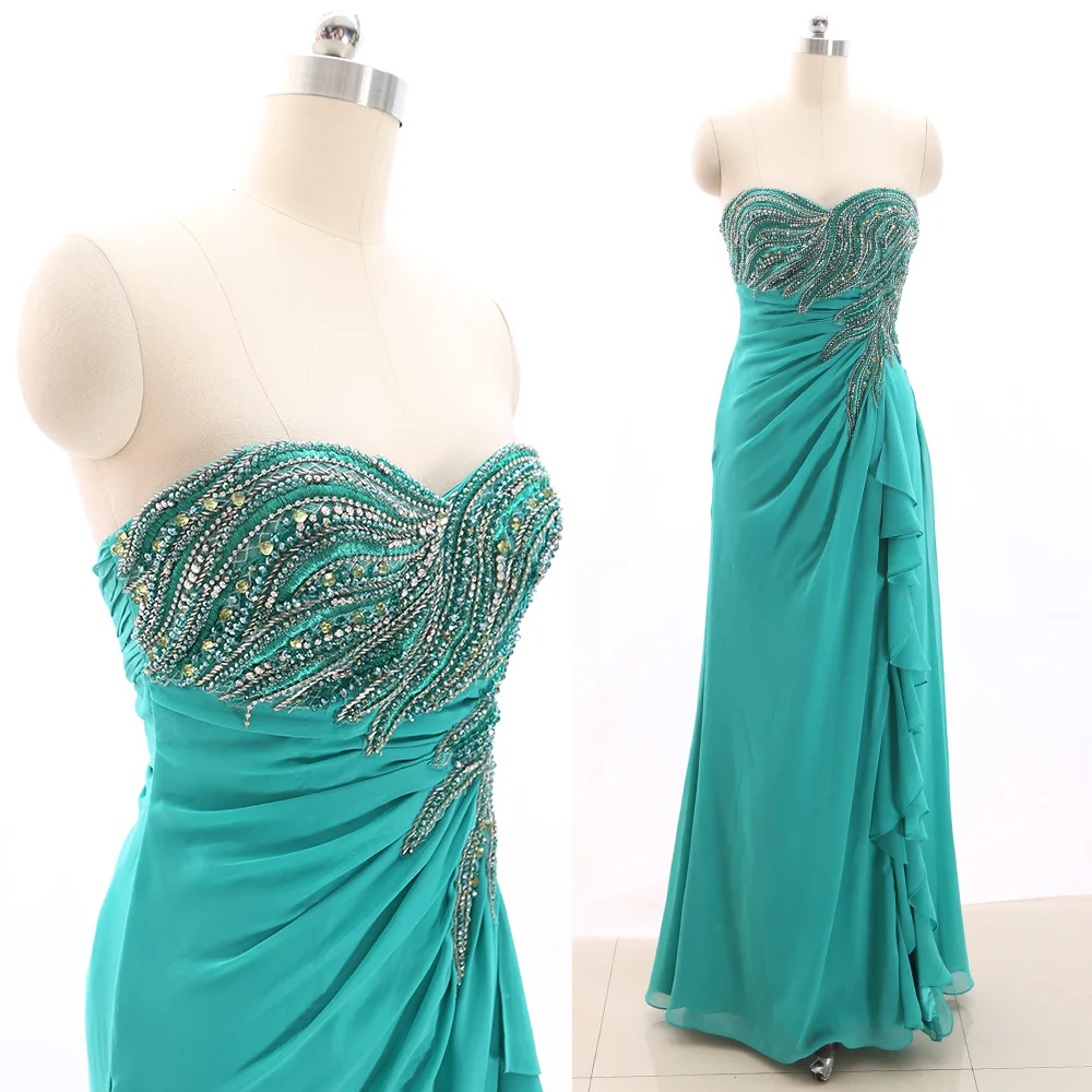 

MACloth Green A-Line Strapless Floor-Length Long Crystal Chiffon Prom Dresses Dress M 266368 Clearance