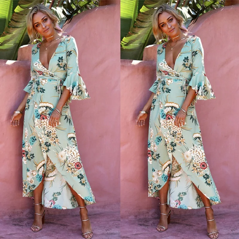 

Robe Femme Ete 2018 New Print Long Dress V-neck Summer Dress Women Harajuku Female Casual Beach Chic Boho Maxi Dress Vestidos