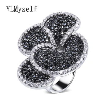 

Great Product Flower Big ring Pave AAA Jet and Clear cubic zirconia stones Large Party Rings designer jewelry fast delivery