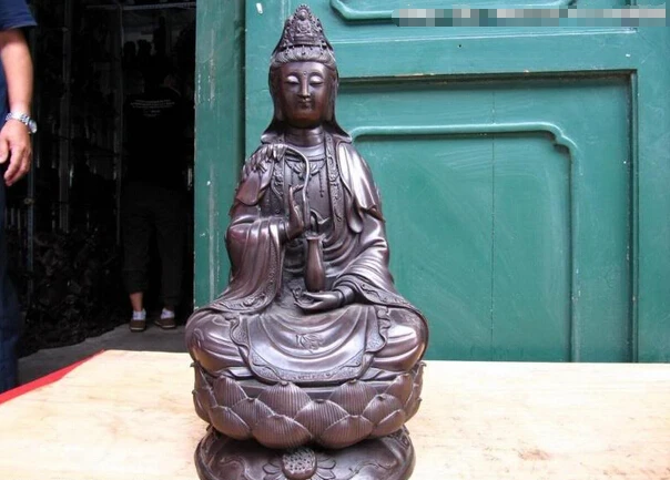 

Collectible bronze lion statue S0848 17 Chinese Pure Bronze South China Sea Bodhisattva Guan Yin Sit on lotus flower B0403