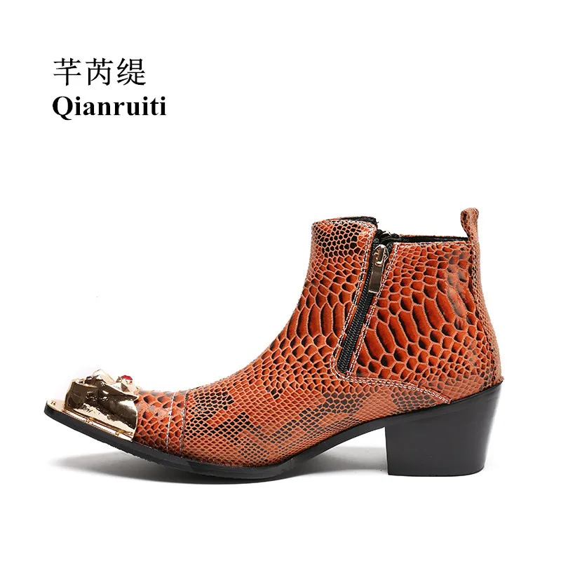 

New Goods Leather Men Boot Ankle Snakeskin Low-heeled Zipper Boots Fashion Show Footwear Gold Color Metal Toe Man Short Boots