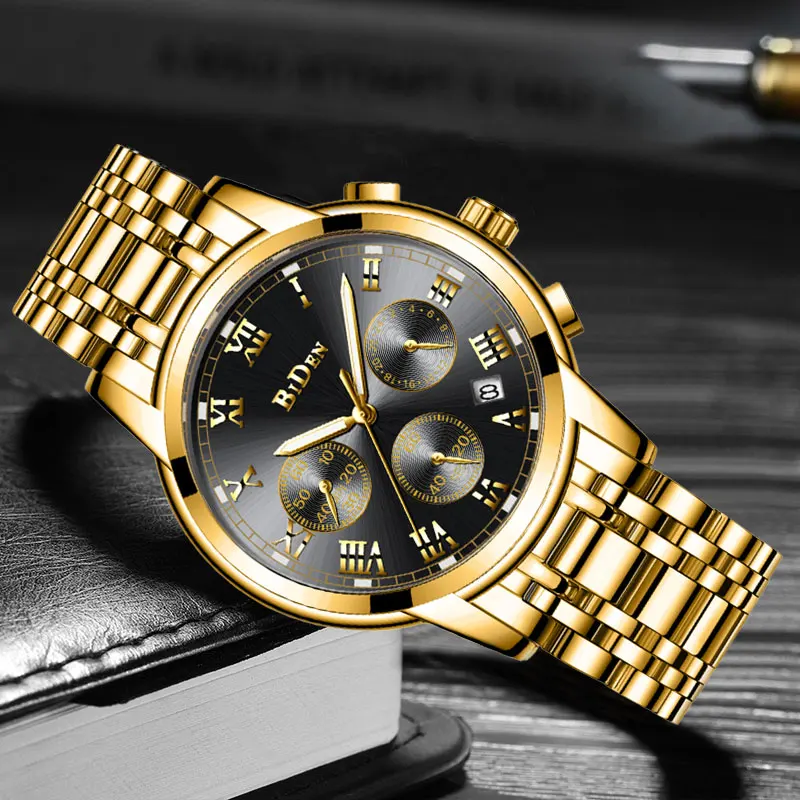 Бизнес Biden роскошные мужские наручные часы кварцевые мужские часы из нержавеющей стали водонепроницаемые светящиеся часы с календарем