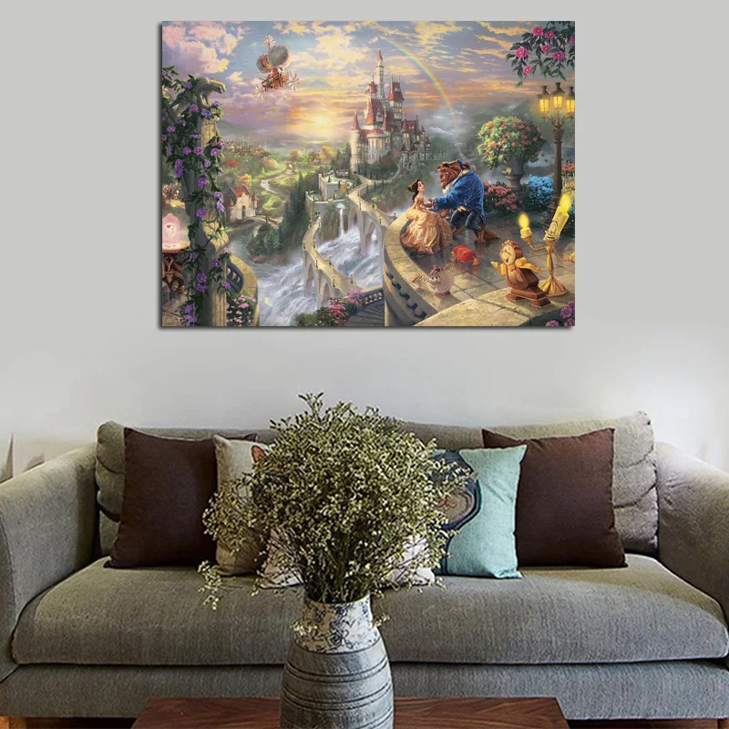 

Thomas Kinkade Beauty And The Beast Falling In Love Canvas Posters Prints Wall Art Painting Decorative Picture Modern Home Decor