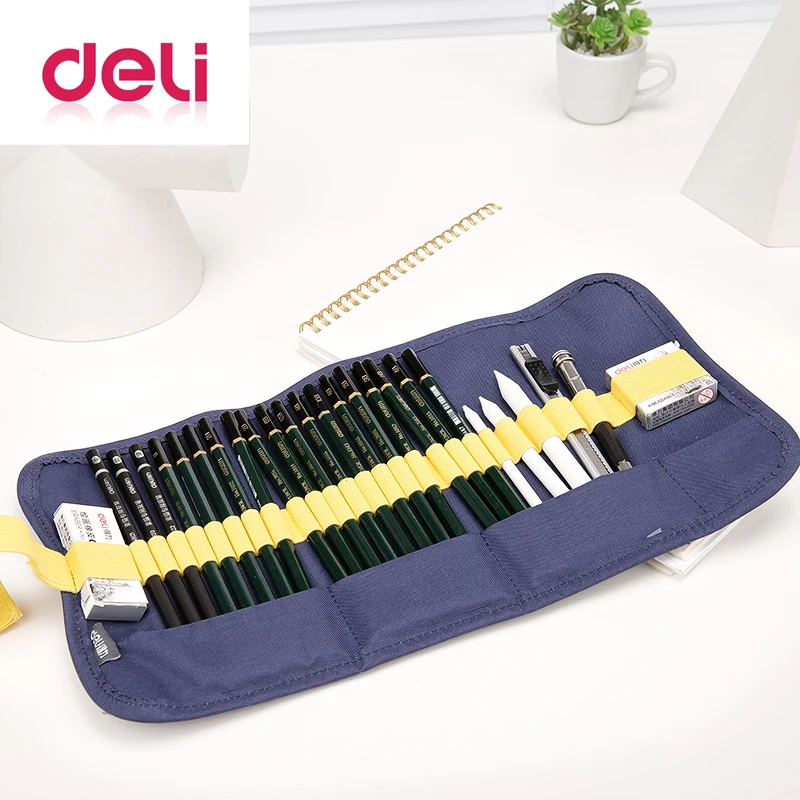 

Deli 27pcs/pack professional sketch set for school art supply paper eraser charcoal pencil extender canvas bag kids drawing gift