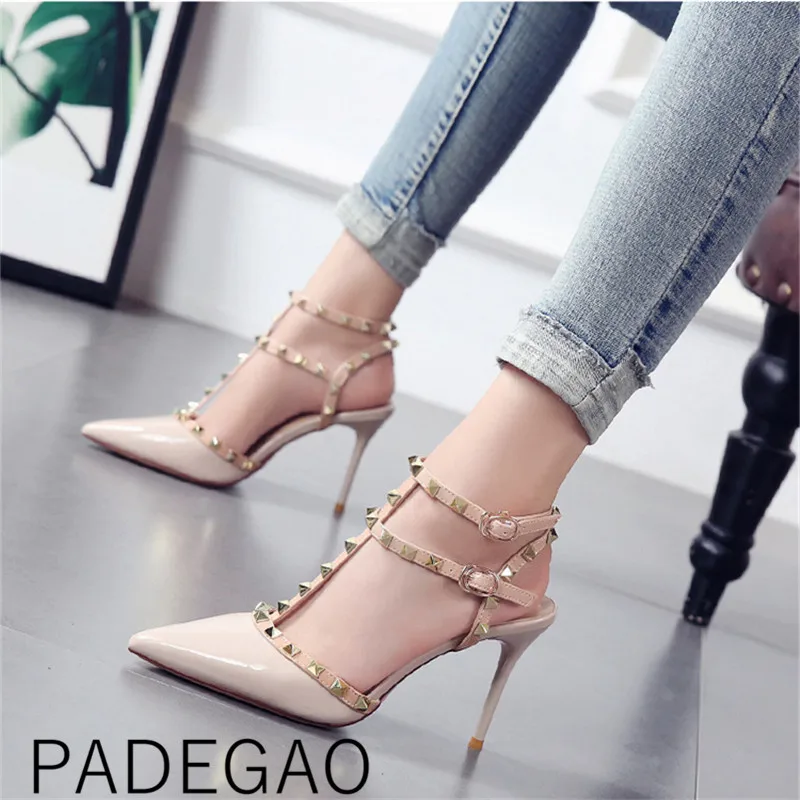 

2019 Summer Womens Rivet High Heels Sandals Fashion Elegant Luxury Designer Yellow Korean Style Shoes