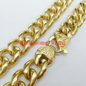 

15mm Huge Heavy Men 316L Stainless Steel Gold Color Cuban Link Chain Nacklace&Bracelet With Flower buckle 7-40inch Choose