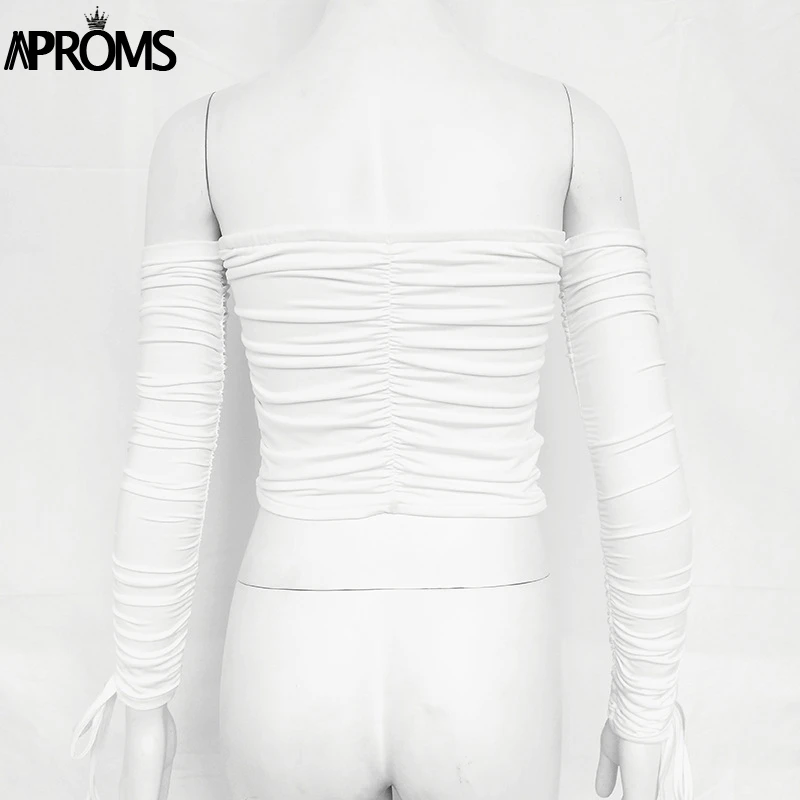 Aproms Coolest Off Shoulder Crop Tops Casual Ruched Pleated White T-shirt Women Short Sleeve Cropped Tshirt for Women Clothing