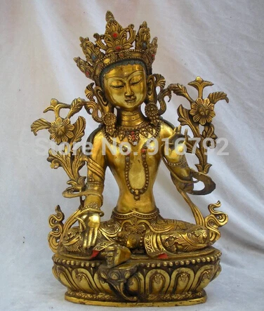 

Free Shipping 16"Tibet Buddhism Classic Religion Gild Bronze Green Tara holy Buddha Statue