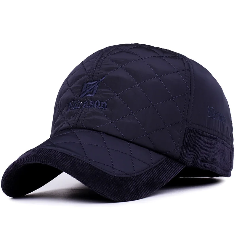 Wuaumx, осенне-зимняя бейсбольная кепка s для мужчин, теплая шапка с ушанками, хлопковая утолщенная Кепка Snapback, Мужская русская Кепка - Цвет: Navy Blue