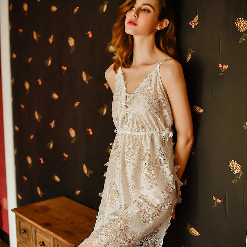 Летняя французская Элегантная Женская Сексуальная кружевная ночная рубашка на бретельках соблазнительный халат для невесты утренний халат домашняя одежда - Цвет: White Dress