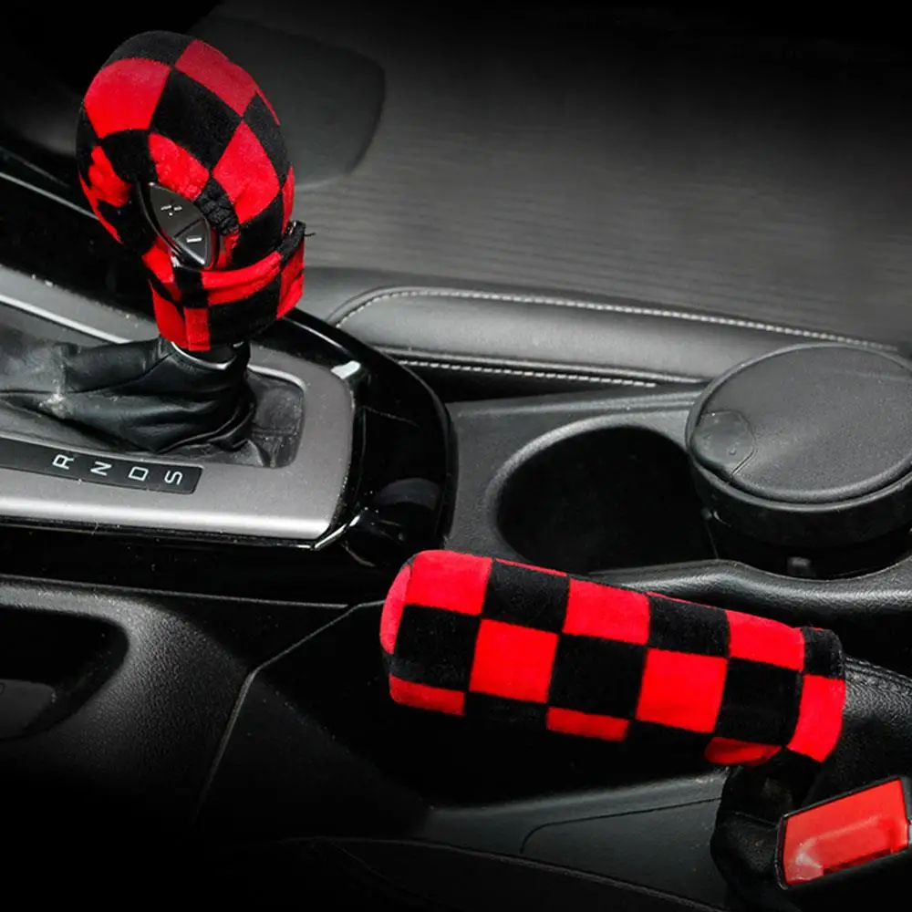 

Fleece Leopard Print Checkered Hand Brake Cover Shift Knob Sleeve Stylish Warm Gear Shift Cover Case Protector Car