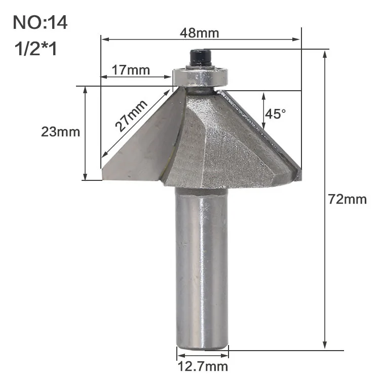1 шт. 1/" 1/2" хвостовик 2 Флейта конский нос фаска резак древесины фрезы с подшипником C3 Карбид 45 градусов древесины фрезы - Длина режущей кромки: NO 14