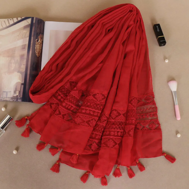 Национальная одежда аксессуары женский кружевной шарф с кисточками тюрбан мусульманский головной платок исламский хиджаб - Цвет: 3 scarlet