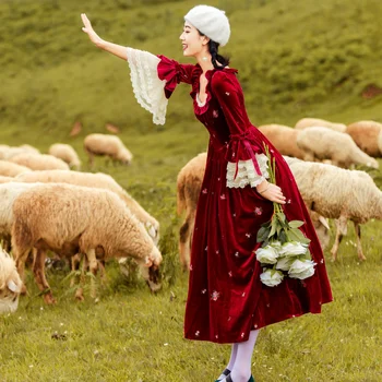 

2018 Autumn new vestido women's dresses vintage retro Lace long flare sleeve dress