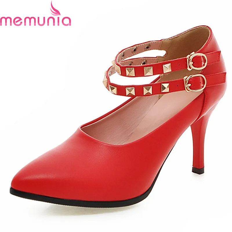 

MEMUNIA 2018 new hot sale concise buckle wedding shoes stiletto high heels pointed toe soft leather women pumps spring autumn