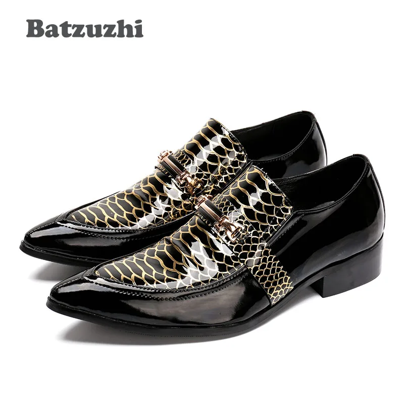 

Batzuzhi Italian Style Men Shoes Pointed Toe Black Patent Leather Dress Shoes Men Gold Snake Pattern Wedding Man Shoes, 38-46