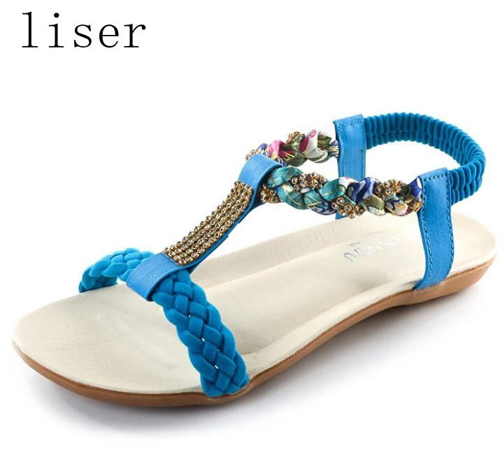 

liser Woven Rhinestone Fish Nozzle Sandals Women New Summer Elastic Band Sandals Flats Beach Shoes Casual Rome Female Sandalias