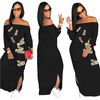Adogirl/Макси-платье размера плюс S-3XL с принтом Money dollar, повседневные длинные платья с открытыми плечами и завязками, с рукавом 3/4, с разрезом сбоку, летние платья - Цвет: black dress