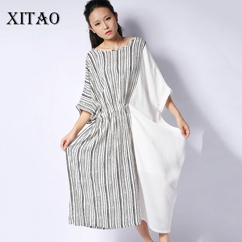 

[XITAO] 2019 New Summer Korea Fashion Large Size Female Striped Short Sleeve O-Neck Pullover Knee-length Casual Dress TXN159