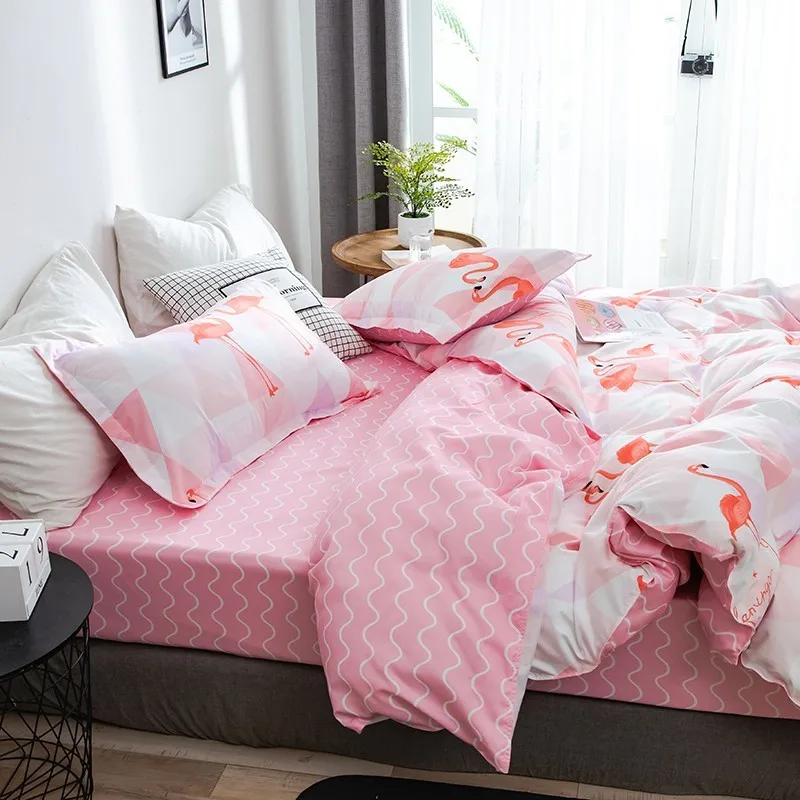 Стильный комплект постельного белья с изображением красного фламинго, геометрический принт, пододеяльник, волнистый дизайн, простыня, наволочка, подарок на год для девочек, для детей 3/4 шт