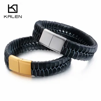 

KALEN NEW Arrival 21CM Genuine Leather Bracelet Men's Retro Wrap Bangle Stainless Steel Fashion Jewelry Accessories 2019