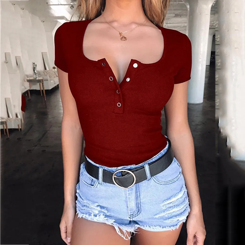 

Fashion T-Shirt Womens Slim Fit Sexy Highlight The Figure Solid Short Sleeve Button T-Shirt camiseta feminina