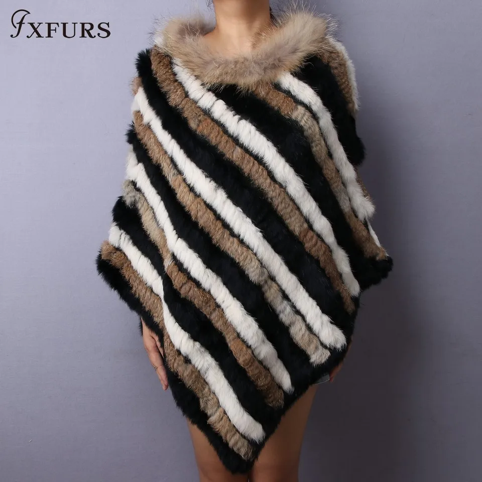 FXFURS 2020 Вязаная Шаль из кроличьего меха женская мода треугольное меховое пончо