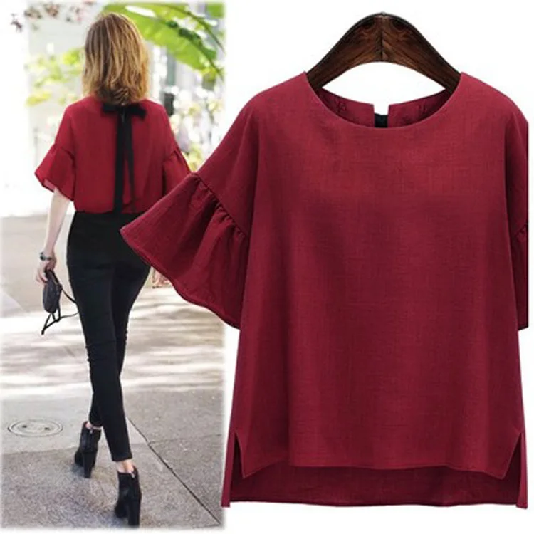 Повседневная элегантная свободная футболка женская однотонная летняя футболка с коротким рукавом с круглым вырезом и рукавом-бабочкой для офиса Camisetas Mujer