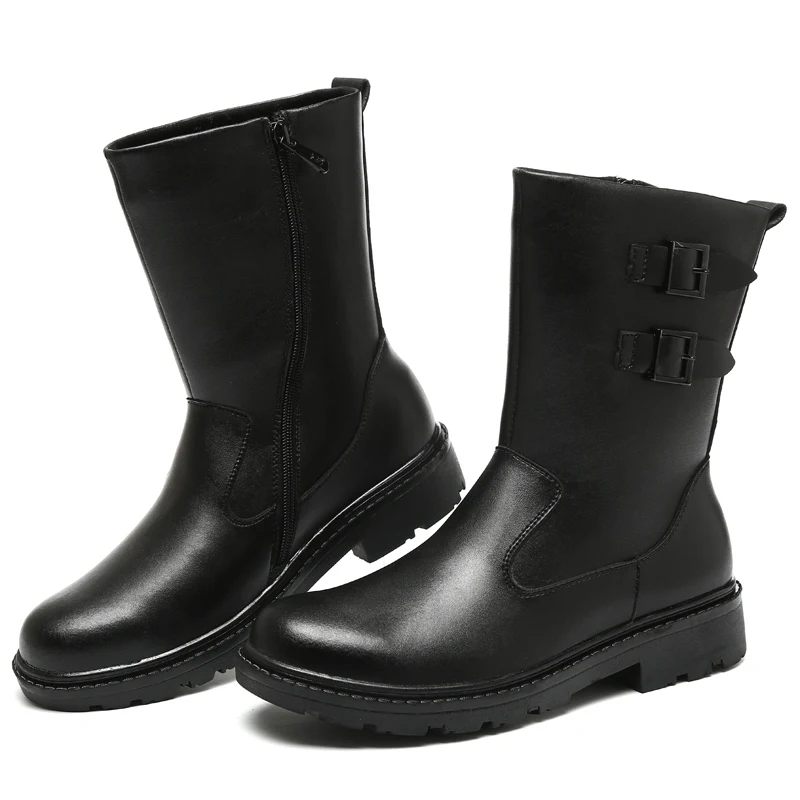 Американский размер; Новинка; трендовые мужские кожаные водонепроницаемые очень теплые зимние сапоги до середины икры на молнии; зимняя Уличная обувь из плюша и хлопка - Цвет: Black B