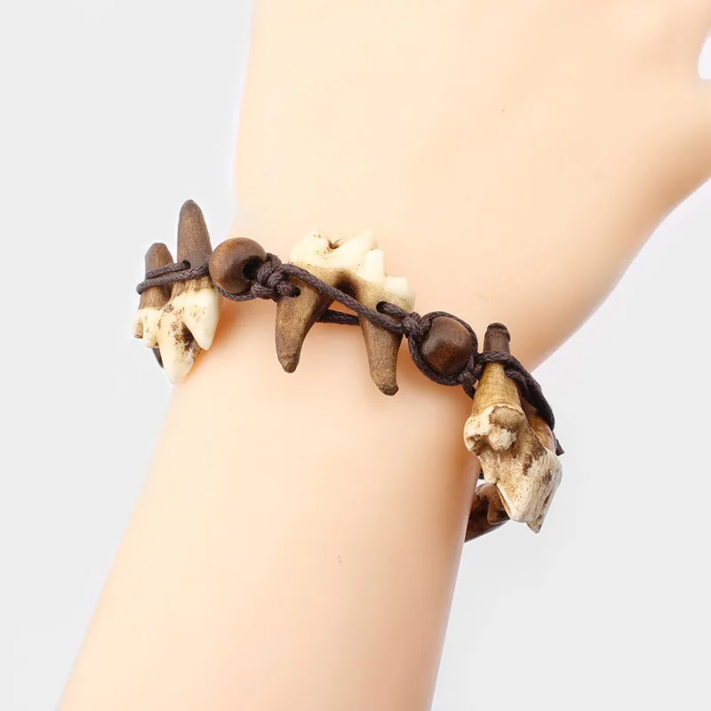 Bracelet Jewelry 1pcs Tibetan Tribal Real Bone Wolf Tooth Teeth Bracelet Adjustable Cotton Cord With Wood Beads Jewelry Findings