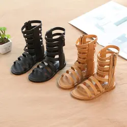 2019 новые летние девушки Римские сандалии из искусственной кожи, для детей модные сандалии Высокие сапоги для маленьких девочек EU 21-30