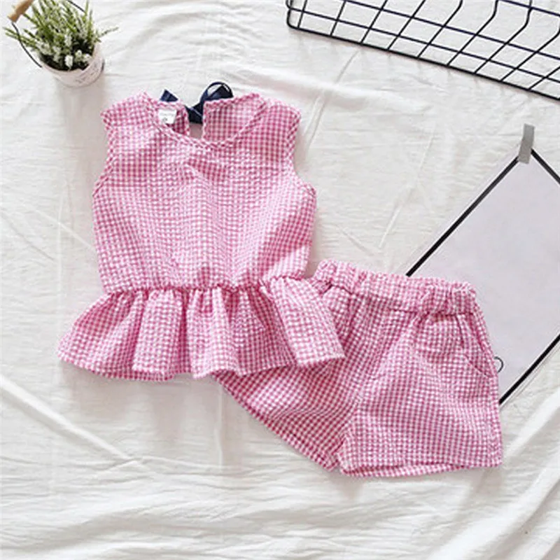 Girls suit summer 2019 new Toddler Kids Baby Girls Outfits Clothes Plaid Sleeveless Vest T-shirt+Shorts Set (1)
