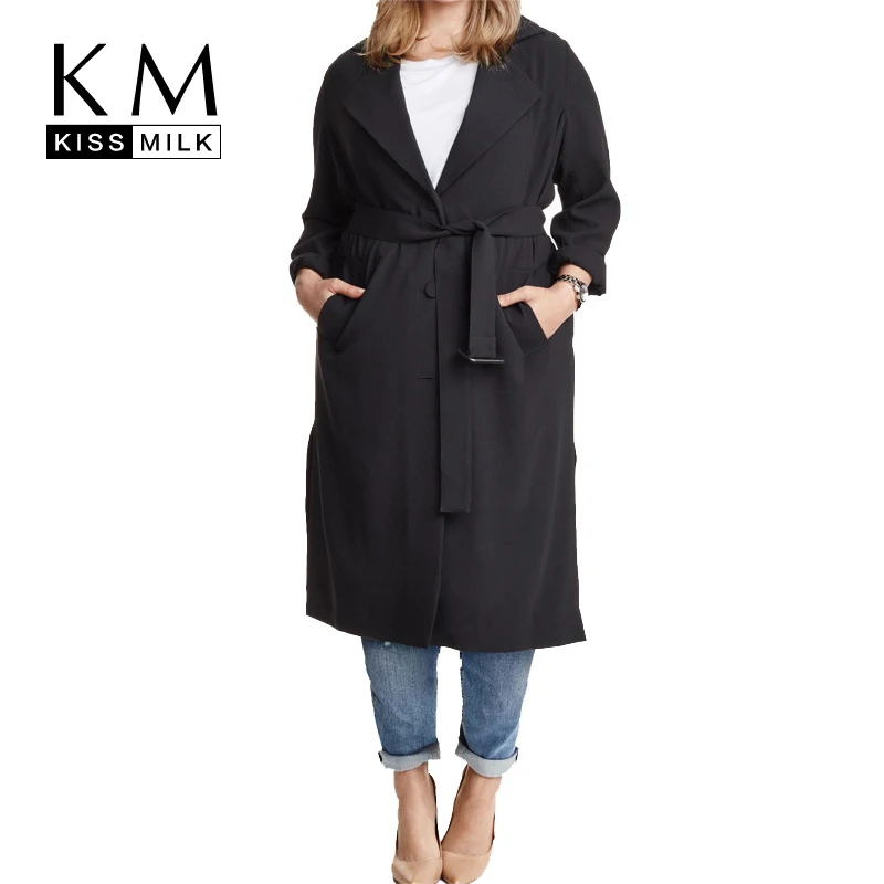 

Kissmilk Plus Size Solid Black Single Breasted Sash Women Warm Coat Turn-Down Collar Long Sleeve Trench Coat