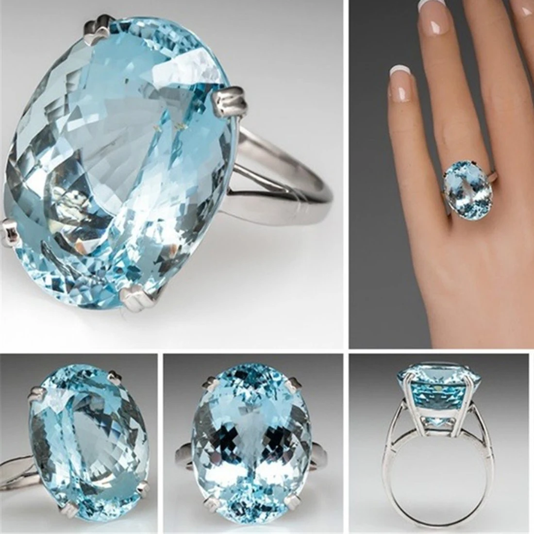 Jiayiqi Wedding Ring Silver Color For Women Cubic Zirconia White/Blue Goose Egg Shape Stone Engagement Ring Jewelry Gifts