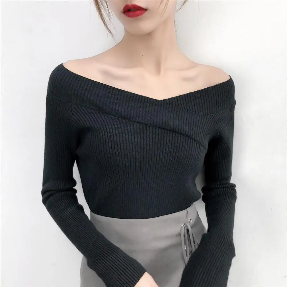 Ubei Core yarn sweater autumn /winter new Korean style fashion slash neck shoulder solid color slim bottom pullover Ubei Core yarn sweater autumn /winter new Korean style fashion slash neck shoulder solid color slim bottom pullover