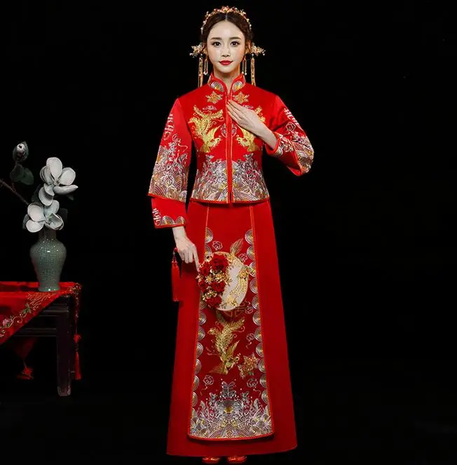 Бежевое Новое модное благородное Ретро китайское женское свадебное платье с разрезами по бокам и воротником-стойкой длинное свадебное платье Qipao нежная вышивка cheongsam Размер s-xxl - Цвет: women red G