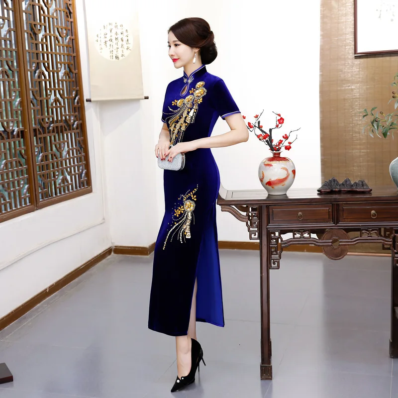 Новое велюровое традиционное Ципао китайское платье из бусин женское осенне-зимнее модное винтажное тонкое длинное платье Qipao большого размера