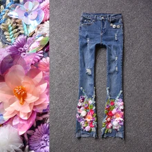 Брендовые женские модные роскошные вышитые блестки лоскут Брюки Цветы кисточки были тонкими дырками джинсы
