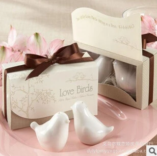 

High quality 20pcs/lot(10boxes) Love birds ceramic Salt and Pepper shaker Wedding Favors for Wedding souvenirs gift