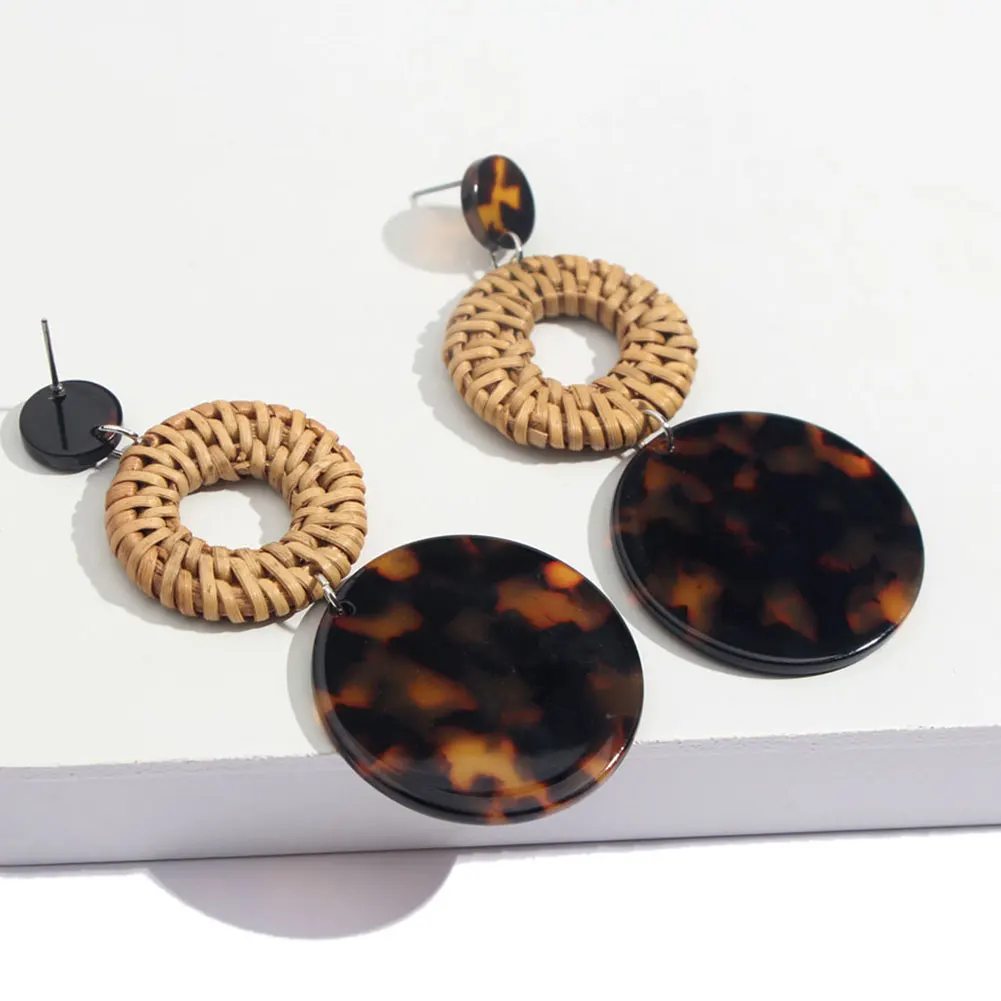 Женские плетеные серьги из ротанга JUST FEEL Модные Акриловые круглые подвески