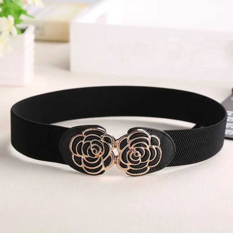 HIRIGIN Newest Women Wide Waist Belt Vintage Metal Flower Elastic Stretch Buckle Waistband Cummerbunds - Цвет: Черный