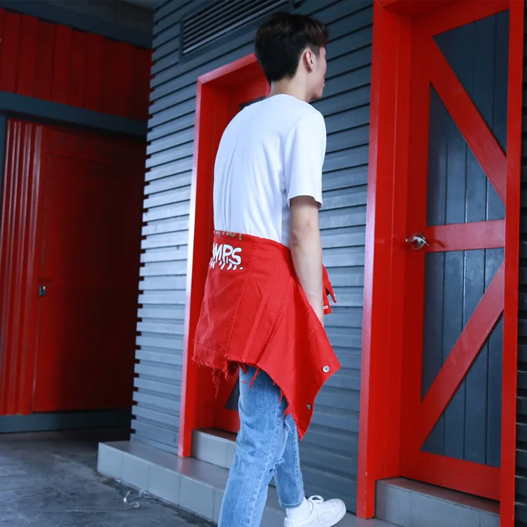 Fashion Jean Coats Men's Slim Full Sleeve Print Red Jean Jacket Casual Red Fancy Colored Coat Outerwear