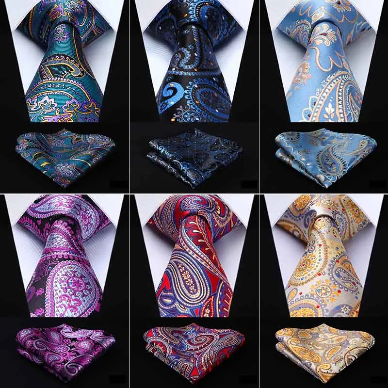 

Hisdern Necktie Handkerchief Set Classic Paisley Floral Gift For Men Woven Wedding Party Silk Men Tie Pocket Square Red Blue J8