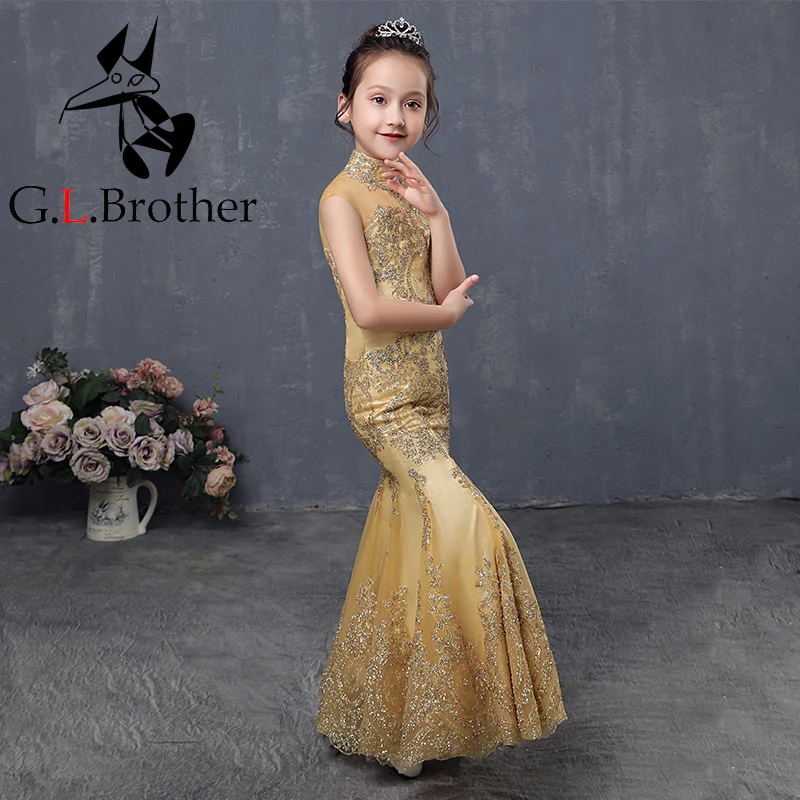 

Blingbling Flower Girl Dresses Turtleneck Mermaid Princess Girl Dress Kids Pageant Gown For Wedding Birthday Party Dress AA256
