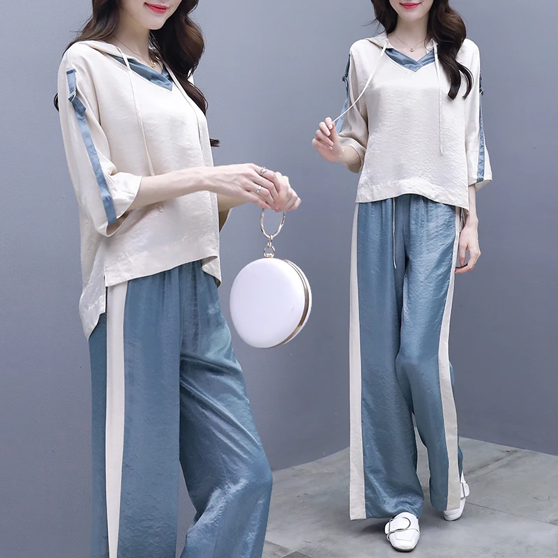 

Wide Leg Pants Two Piece Set Woman Suit Casual Tracksuit Women Stylish Ensemble Femme Deux Pieces Year-old Female Costume