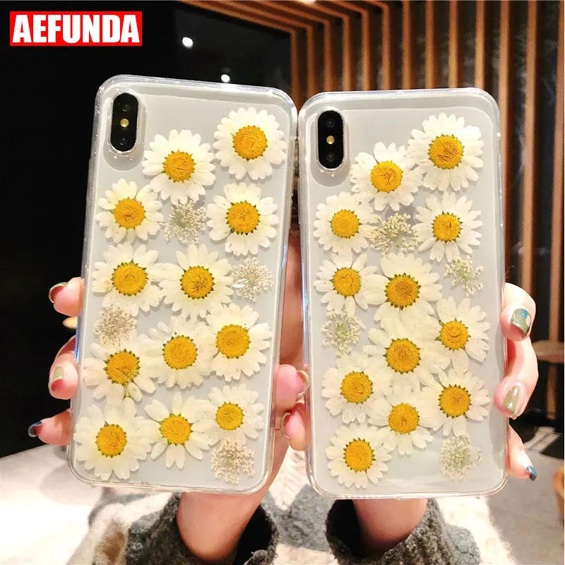 

Hand Made Real Flowers Dried Plant Specimen Daisy Cases for iPhone 6 6S 7 8 Plus X XS Max XR Case Girl Clear Soft Epoxy TPU Gel